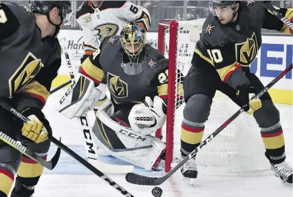  ?? DAVID BECKER/THE ASSOCIATED PRESS ?? The Vegas Golden Knights’ Marc-Andre Fleury is among the NHL netminders expressing concern over the new equipment being used this season. “You get stingers and bruises and stuff like that,” he said.