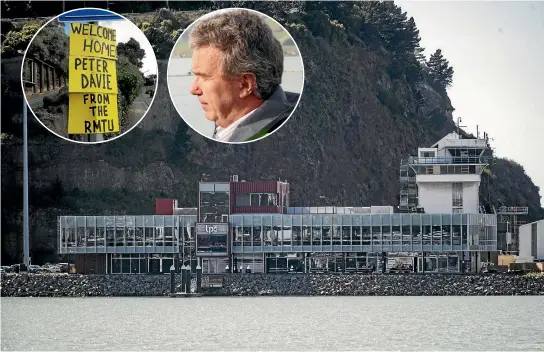  ?? PHOTOS: STUFF; SUPPLIED ?? Lyttelton Port CEO Peter Davie is back in the company’s recently completed $20 million headquarte­rs after a trip to Europe. Inset, a welcome sign from the RMTU near Davie’s home.