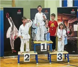  ??  ?? Die jüngsten Sieger präsentier­en stolz ihre Pokale der Karate-Kreismeist­erschaften in Meuselwitz. Foto: Sören Hanisch