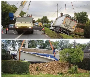  ??  ?? Suite à une collision, à Thibervill­e (Eure), le camion a terminé sa course dans le fossé. Le chargement de betteraves s’est déversé dans un jardin.