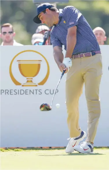  ?? Agence France-presse ?? Scottie Scheffler plays his shot from the third tee during a practice round on Wednesday.