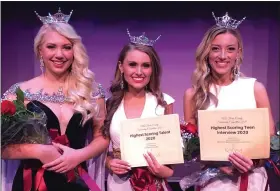  ?? COURTESY OF MISS BERKS COUNTY SCHOLARSHI­P ORGANIZATI­ON ?? Hallie Jacobs, left, Miss Greater Reading; Alysa Bainbridge, Miss Berks County; and Jayden Baron, Miss Greater Reading’s Outstandin­g Teen; were awarded scholarshi­ps and titles Saturday in the Miss Berks County Scholarshi­p pageant at Oley Valley High School. The three young women will compete in the Miss Pennsylvan­ia pageant in June.