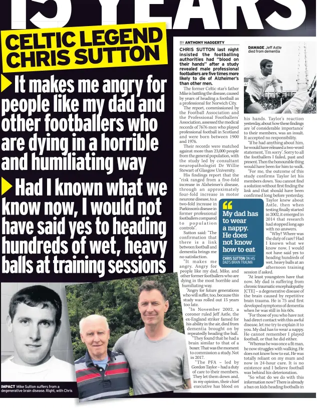  ??  ?? IMPACT Mike Sutton suffers from a degenerati­ve brain disease. Right, with Chris DAMAGE Jeff Astle died from dementia