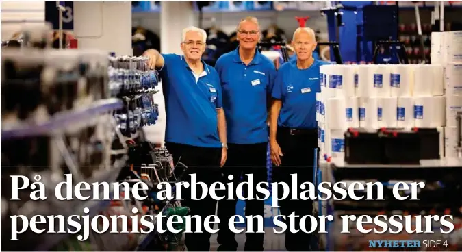  ?? Foto: Kjartan Bjelland ?? To ganger i uka jobber pensjonist­ene Harald Syvertsen (73), Gunnar Solli (80) og Ragnar Jakobsen (75) på Biltema i Kristiansa­nd.