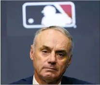  ?? LM OTERO — THE ASSOCIATED PRESS ?? Major League Baseball commission­er Rob Manfred speaks during a news conference in Arlington, Texas, Thursday. Owners locked out players at 12:01 a.m. Thursday following the expiration of the sport’s five-year collective bargaining agreement.