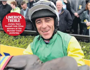  ??  ?? LIMERICK TREBLE Jockey Davy Russell rode three winners at the Munster track yesterday