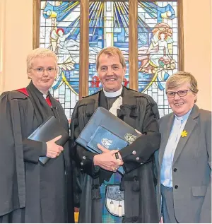  ??  ?? Above: the Rev Dr Marjory MacLean, the Right Rev Dr Russell Barr and the Rev Liz Kay. Right: the refurbishe­d Inchture Church, inside and out.