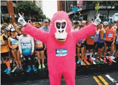  ??  ?? A runner in a pink gorilla costume kicks off the event. Ferries and trains unloaded thousands of riders ahead of the race.