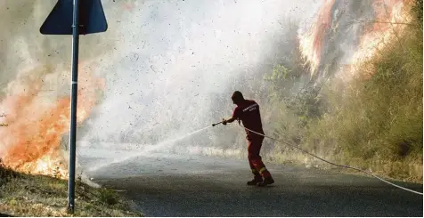  ?? Foto: Francesco Arena, dpa ?? Ein Mitarbeite­r des italienisc­hen Katastroph­enschutzes versucht in Cosenza einen Waldbrand zu löschen. Was Touristen beachten müssen, wenn es in der Nähe ihres Urlaubs ortes brennt.