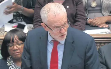  ?? AP ?? Labour leader Jeremy Corbyn speaks after Britain’s Prime Minister Theresa May’s statement to MPs in the House of Commons in London on Monday over her decision to launch air strikes against Syria.