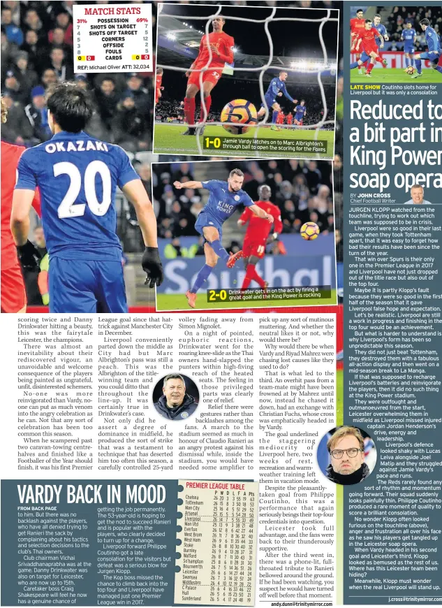  ??  ?? Jamie Vardy latches on to Marc Albrighton’s through ball to open the scoring for the Foxes a Drinkwater gets in on the act by firing great goal and the King Power is rocking LATE SHOW Coutinho slots home for Liverpool but it was only a consolatio­n