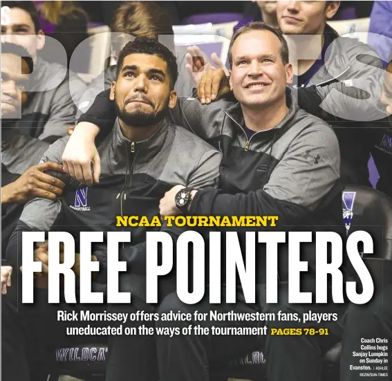  ?? | ASHLEE REZIN/ SUN- TIMES ?? Coach Chris Collins hugs Sanjay Lumpkin on Sunday in Evanston.