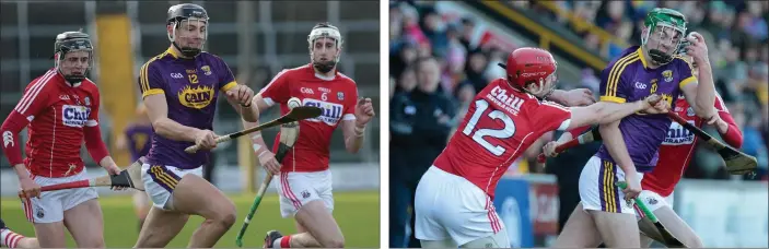  ??  ?? Jack O’Connor surges clear of Cork duo Darragh Fitzgibbon and Tim O’Mahony. Wexford’s Aidan Nolan wins the ball from Bill Cooper of Cork.