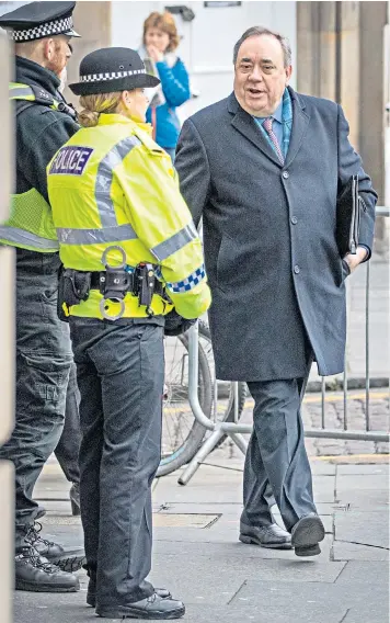  ??  ?? Alex Salmond, the former leader of the SNP, arrives at the High Court in Edinburgh for the fifth day of his trial