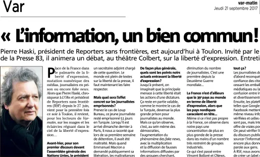  ??  ?? Pierre Haski l’assure : si RSF a souffert de l’image de son fondateur Robert Ménard,
». «