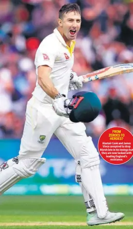  ?? GETTY IMAGES ?? Alastair Cook and James Vince conspired to drop Marsh late in his innings but they are now tasked with leading England’s resistance. Shaun Marsh celebrates after reaching his century at the Adelaide Oval on Sunday. SHAUN MARSH’S