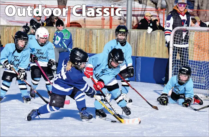  ?? SCOTT ANDERSON/SOUTHWEST BOOSTER ?? Swift Current Minor Hockey U7 and U9 teams had their moment in the sun on February 11 during the second annual Outdoor Classic hosted by the Dr. Noble Irwin Regional Healthcare Foundation. The day long event on Saturday also featured No Hit Hockey League action as part of the on-ice fun during the fundraiser which in part generated funds for the purchase of new Fetal Monitor for the Women & Children’s unit at the Cypress Regional Hospital.