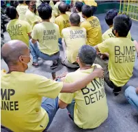  ?? Reuters ?? Detainees sit on the ground during a roll call after attending a court hearing at a Regional Trial court in Quezon City, Metro Manila, Philippine­s. —