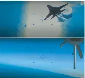  ?? COMMAND U.S. EUROPEAN ?? Stills from video show a Russian Su-27 fighter jet spraying an unmanned U.S. Reaper with fuel, top photo, and a damaged propeller blade on the drone, above.