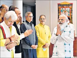  ?? HT PHOTO ?? Prime Minister Narendra Modi greeting political leaders of Jammu and Kashmir during an allparty meeting with the UT’s leadership, in New Delhi on Thursday,