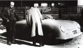  ??  ?? Above: Drawing 356.00.107 showed the VW sports car in near-final form, with much larger doors than in 1947. Suppressio­n of the rear fins compared to drawing 106 brought moreshroud­ing of the rear wheels Below left: In a historic image Komenda, left, posed with Ferry and Ferdinand Porsche and thet ype356. All too often Komendaʼs crucial contributi­on is disowned by cropping him out of this pictureBel­ow right: During the photo call at the Porsche residence in Gmünd, Erwin Komenda checked a detail on the 356. He had every reason to be pleased that at last a Porsche car had been created in Austria