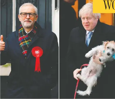  ?? TOLGA AKMEN / DANIEL LEAL-OLIVAS / AFP VIA GETTY IMAGES ?? Britain’s Prime Minister Boris Johnson, right, is headed for a comfortabl­e majority in Thursday’s general election, while the Labour Party led by Jeremy Corbyn, left, is forecast to win only 191 seats, exit polls show.