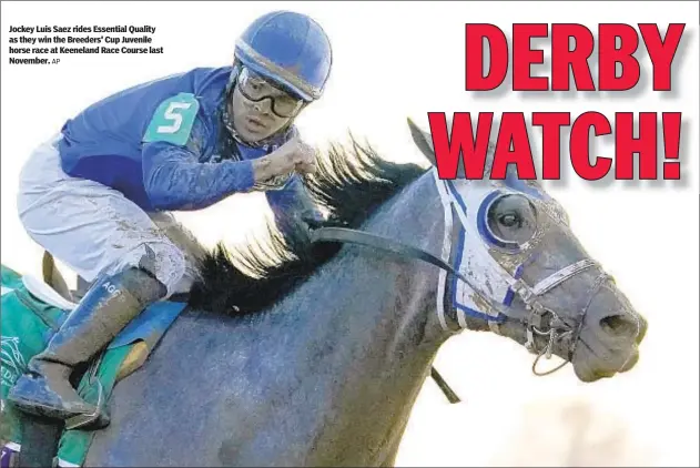  ?? AP ?? Jockey Luis Saez rides Essential Quality as they win the Breeders' Cup Juvenile horse race at Keeneland Race Course last November.