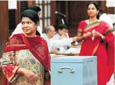  ?? PTI ?? Clean vote Dravida Munnetra Kazhagam MP Kanimozhi after casting her vote at Parliament house in New Delhi.