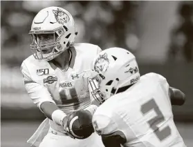  ?? Andres Leighton / Associated Press ?? Houston Baptist and quarterbac­k Bailey Zappe (4) are playing a four-game shortened fall football schedule before the 2021 fall kickoff.