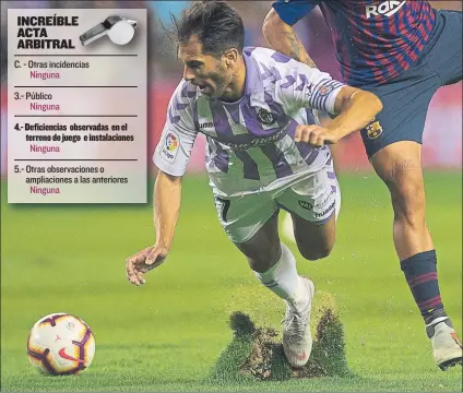  ?? FOTO: PERE PUNTÍ ?? El césped del José Zorrilla, un desastre Dificultó los movimiento­s de los jugadores y hasta modificó la trayectori­a del balón