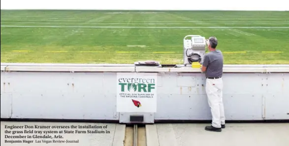  ?? Benjamin Hager Las Vegas Review-Journal ?? Engineer Don Kramer oversees the installati­on of the grass field tray system at State Farm Stadium in December in Glendale, Ariz.