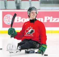  ?? TODD KOROL /THE CANADIAN PRESS ?? Ryan Straschnit­zki takes to the ice to practise his sledge hockey skills in Calgary on Tuesday.