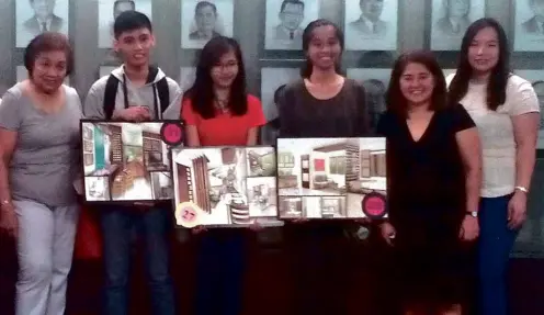  ??  ?? The top three finalists holding their winning plates during the final briefing before the actual constructi­on. From left: Ms. Belen Morey, Mr. Justine Durognan, Ms. Angelie Saberon, Ms. Paola Madayag, Ms. Delai Castro and Ms. Gwen Cua.