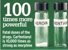  ??  ?? Fatal doses of the drugs. Carfentany­l is 10,000 times as strong as morphine