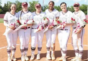  ?? Starkville Daily News) (Photo by Kelly Price, MSU athletic communicat­ions, for ?? Mississipp­i State seniors Calyn Adams, from left, Cassady Knudsen, Morgan Bell, Carmen Kennedy, Holly Ward and Reggie Harrison were recognized following Sunday’s game against Tennessee.