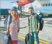  ?? HT PHOTO ?? Pooja and Shubham at Jubbarhatt­i airport in Shimla.