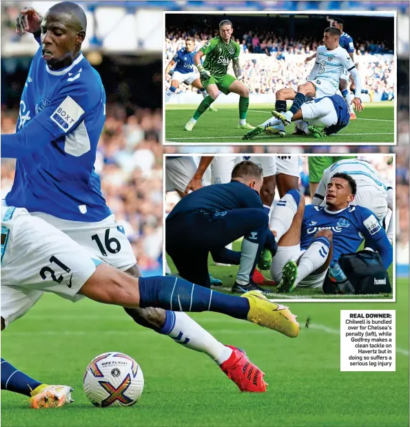  ?? ?? REAL DOWNER: Chilwell is bundled over for Chelsea’s penalty (left), while Godfrey makes a clean tackle on Havertz but in doing so suffers a serious leg injury