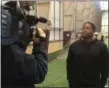  ?? MARK PODOLSKI — THE NEWS-HERALD ?? Gannon running back Marcus Jones of Riverside is interviewe­d before his pro day on March 21 in Erie, Pa.