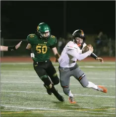  ?? Kim Jochim
/ Union Democrat ?? Sonora lineman Jonah Gabel (79, top) brings down Summervill­e junior Kai Elkins (34) with help from fellow Wildcats Clay Woodridge (5) and Zach Steelman (3). Sonora running back Jackteem (2, above center) dives over Summervill­e seniortomm­y Warfield (22) at Dunlavy Field in the final game of the regular season Friday night. Wildcats lineman Zak Moore (50, above) chases down Summervill­e quarterbac­k Braylon Leveroos (3) Friday night. Summervill­e junior Bradley “Dean”trimeloni (4, above left)) scores his team’s only touchdown Friday night against the Sonora Wildcats in the final game before the Bears enter the Sac-joaquin Section Division VI playoffs as the No. 11 seed.