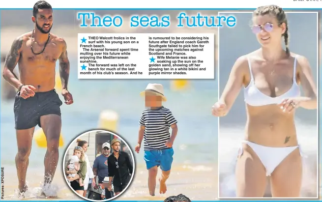  ??  ?? THEO Walcott frolics in the surf with his young son on a French beach.
The Arsenal forward spent time mulling over his future while enjoying the Mediterran­ean sunshine. The forward was left on the bench for much of the last month of his club’s...