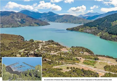  ??  ?? An aerial shot of Kaiuma Bay in Pelorus Sound with an artist’s impression of the planned marina, inset.