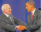  ?? PAUL J. RICHARDS/AFP/GETTY IMAGES ?? Senators John McCain and Barack Obama at the third debate, Oct. 14, 2008.