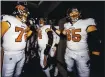  ?? COURTESY OF TAMPA BAY BUCCANEERS ?? Tampa Bay Buccaneers guard Alex Cappa (65), a former Dublin High and Humboldt State star, waits with teammates to take the field,