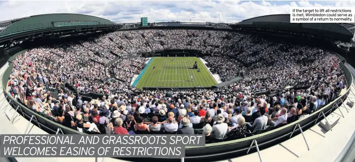  ??  ?? If the target to lift all restrictio­ns is met, Wimbledon could serve as a symbol of a return to normality.