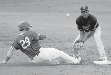  ?? [PHOTO BY BRYAN TERRY, THE OKLAHOMAN] ?? Oklahoma City’s Kyle Farmer, left, slides into second base as the ball bounces off Nashville’s Jorge Mateo earlier this season.