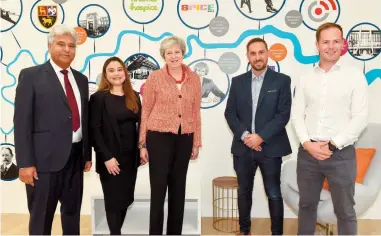  ?? ?? Javed Hussain, Mahwish Siddiqui, Theresa May with MyWorkSpot co-founders Will Ballantyne and David Johnston. The Maidenhead MP said co-working spaces are the ‘way of the future’.