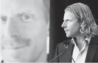  ?? JEAN LEVAC/OTTAWA CITIZEN ?? Former Ottawa Senators’ captain Daniel Alfredsson speaks at the Royal Ottawa Mental Health Centre, Thursday. Fans were upset when he left the team to sign a one-year contract with the Detroit Red Wings.