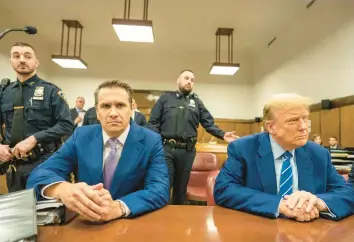  ?? MARK PETERSON/POOL ?? Former President Donald Trump awaits the start of proceeding­s Tuesday in a New York courtroom.