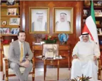  ??  ?? KUWAIT: First Deputy Prime Minister and Foreign Minister Sheikh Sabah Al-Khaled Al-Hamad Al-Sabah meets with Belgian Ambassador to Kuwait Andy Detaille. — KUNA