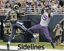  ?? ASSOCIATED PRESS FILE PHOTO ?? Minnesota Vikings wide receiver Greg Jennings, right, catches an 8-yard touchdown pass as St. Louis Rams cornerback E.J. Gaines defends during a Sept. 7, 2014, game in St. Louis. Jennings says he’s retiring after a decade in the NFL.